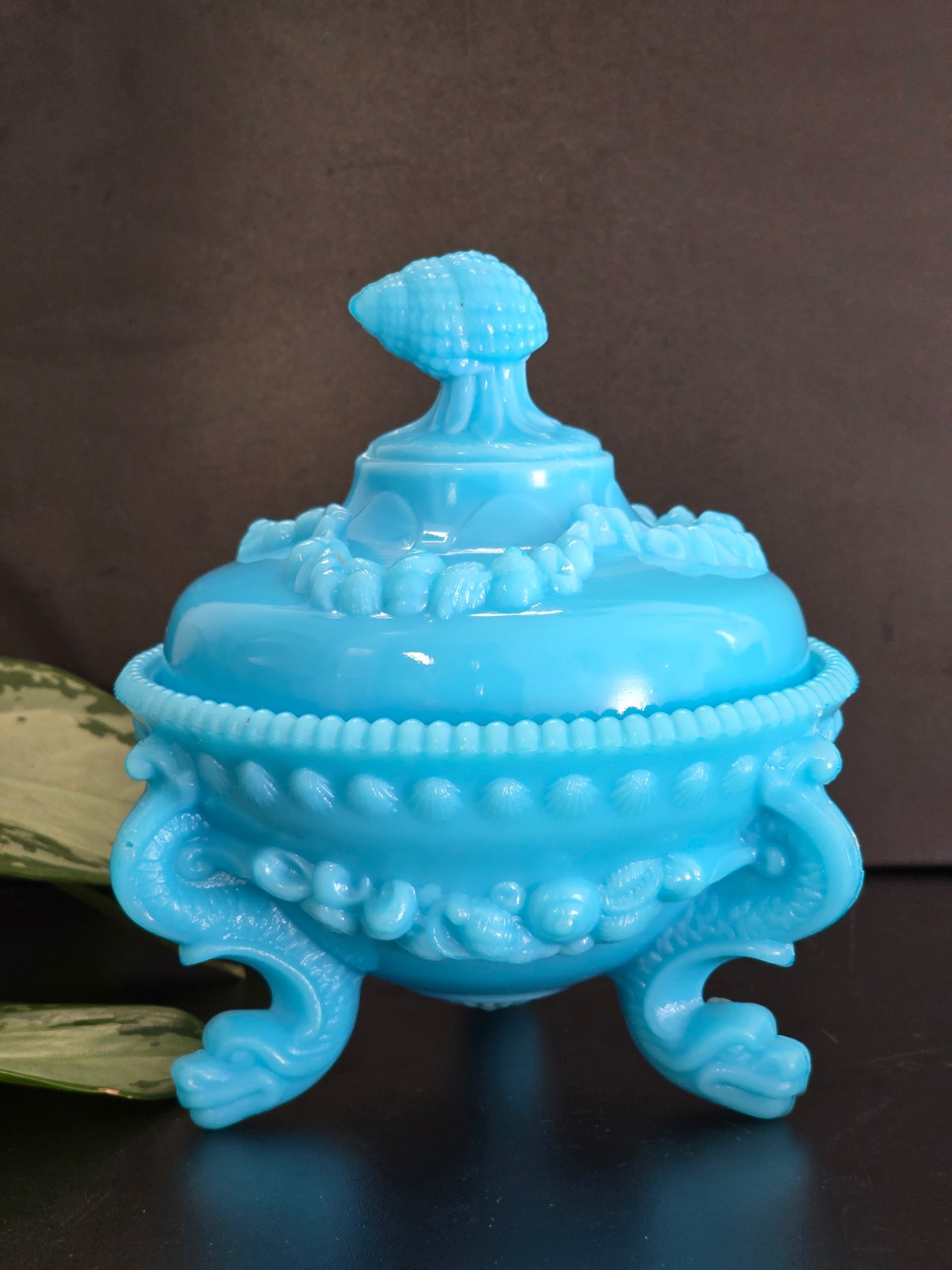 Portieux & Vallérysthal Blue Opaline Dolphin Footed Lidded Bowl