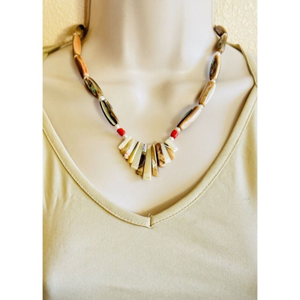 NECKLACE Art Deco NaTural Mother Of Pearl Abalone Vtg Genuine Beaded Real Coral