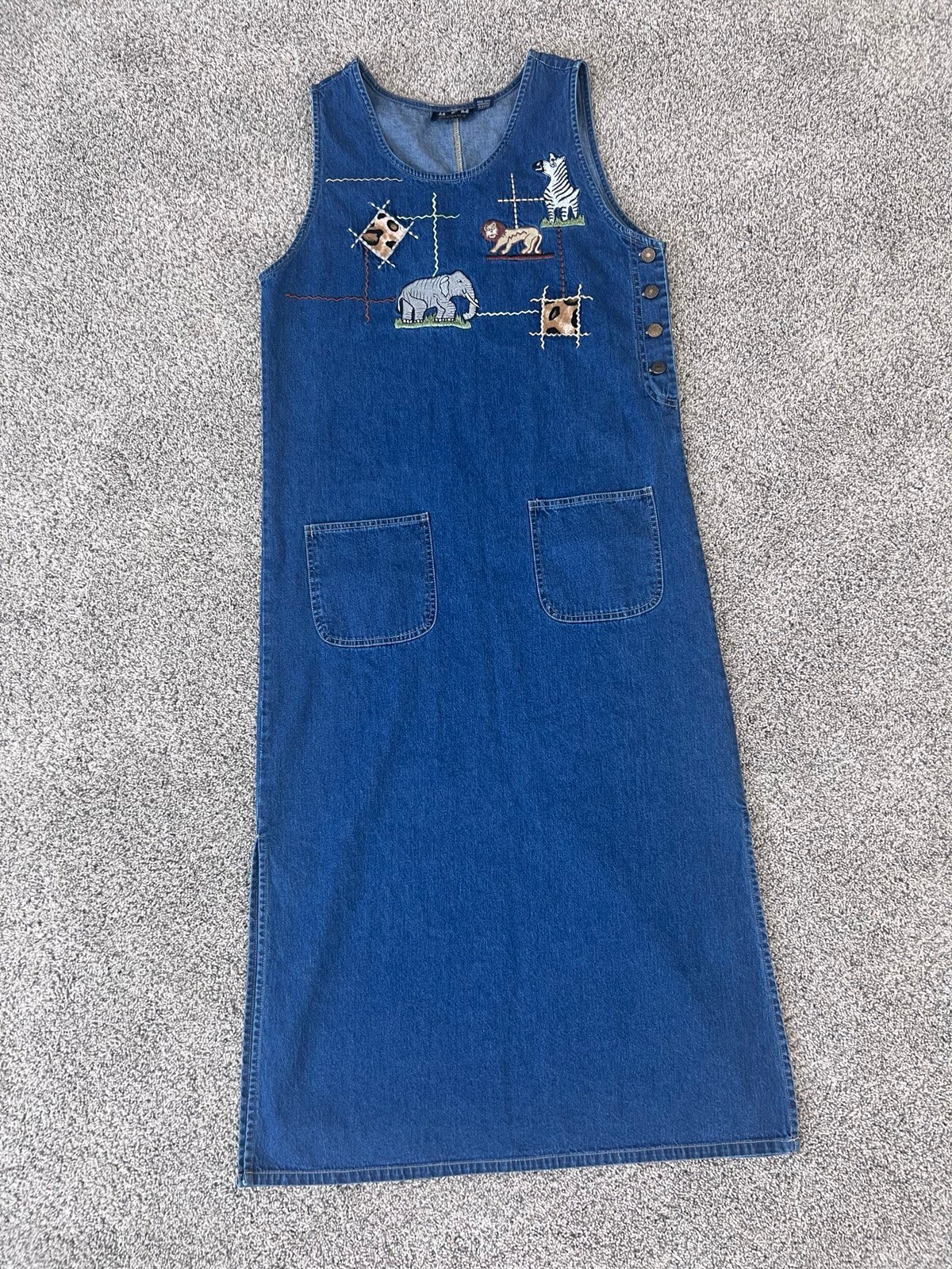 Vtg M.P.H Blues 100% Cotton Animal Embroidery Sleeveless Denim Maxi Dress Size S