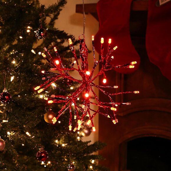 New 3D Snowflake Hanging Ornament LED Lights Christmas Decoration - Red