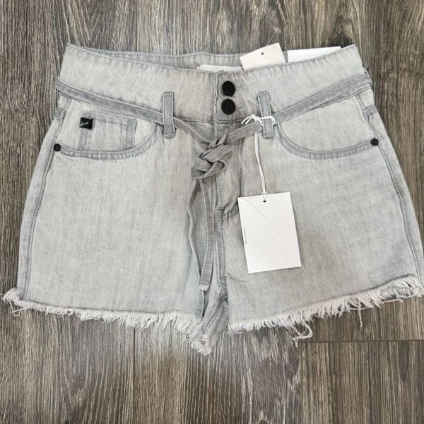 KanCan Tamsin Ultra High Rise Belted Light Gray Small Denim Shorts