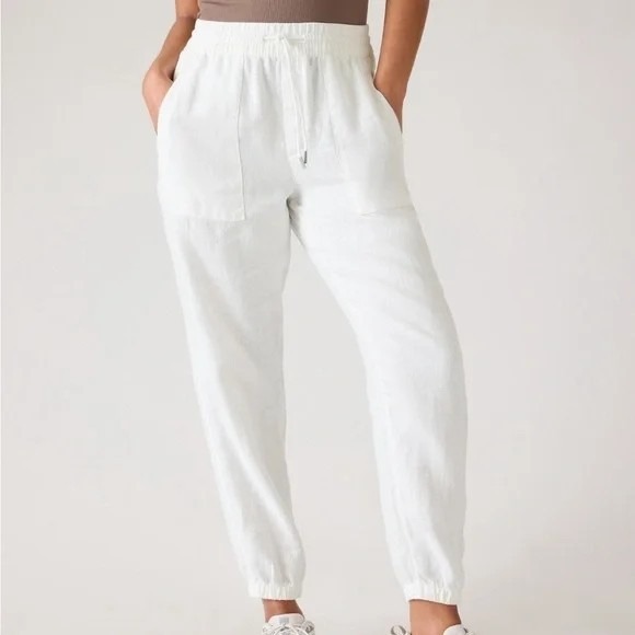 Boho Women's Athleta Retreat Linen White Joggers Size 12 Athleisure, Costal