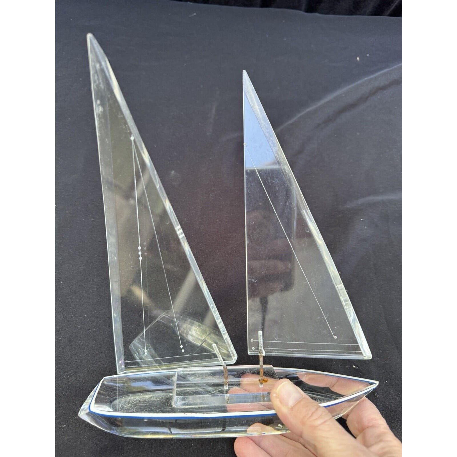 Vintage Blue & Clear Lucite Racing Sailboat Sculpture by Wintrade ? 9.5” Tall