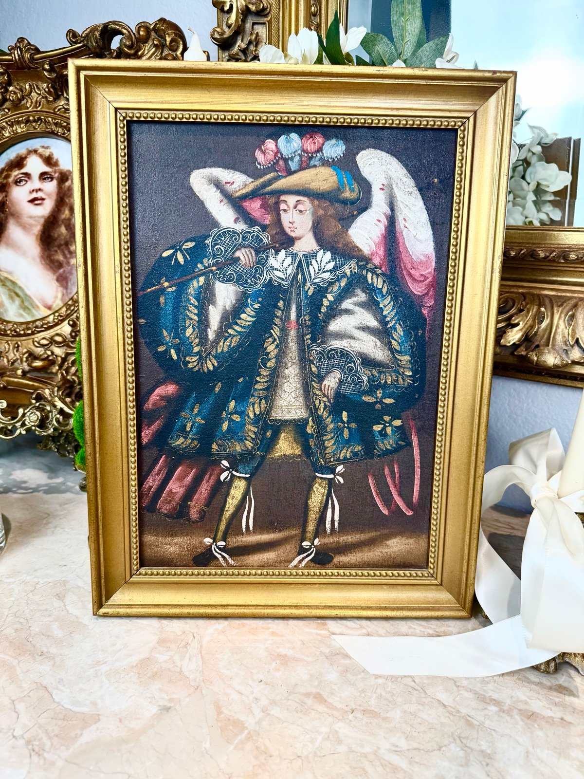 Vintage Peruvian Cuzco school style painting in gold wood frame