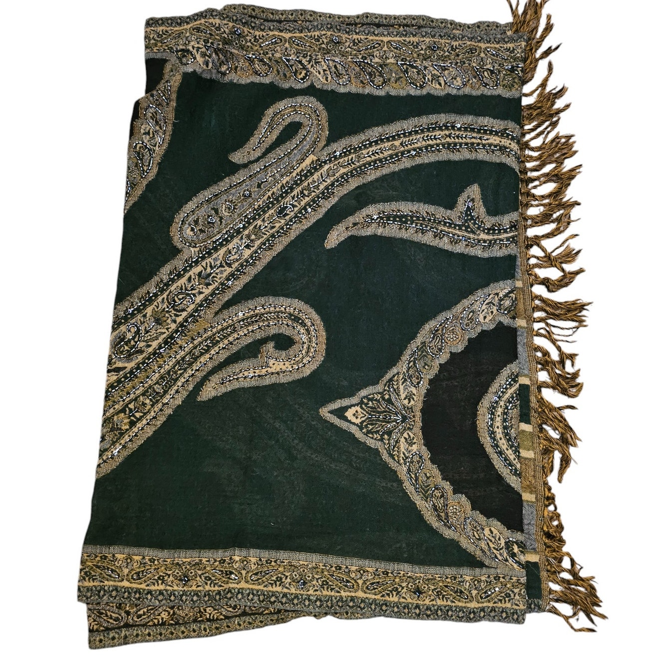 Lafayette 148 Womens 27 x 75 Wool Beaded Shawl Scarf Jewel Tone Green
