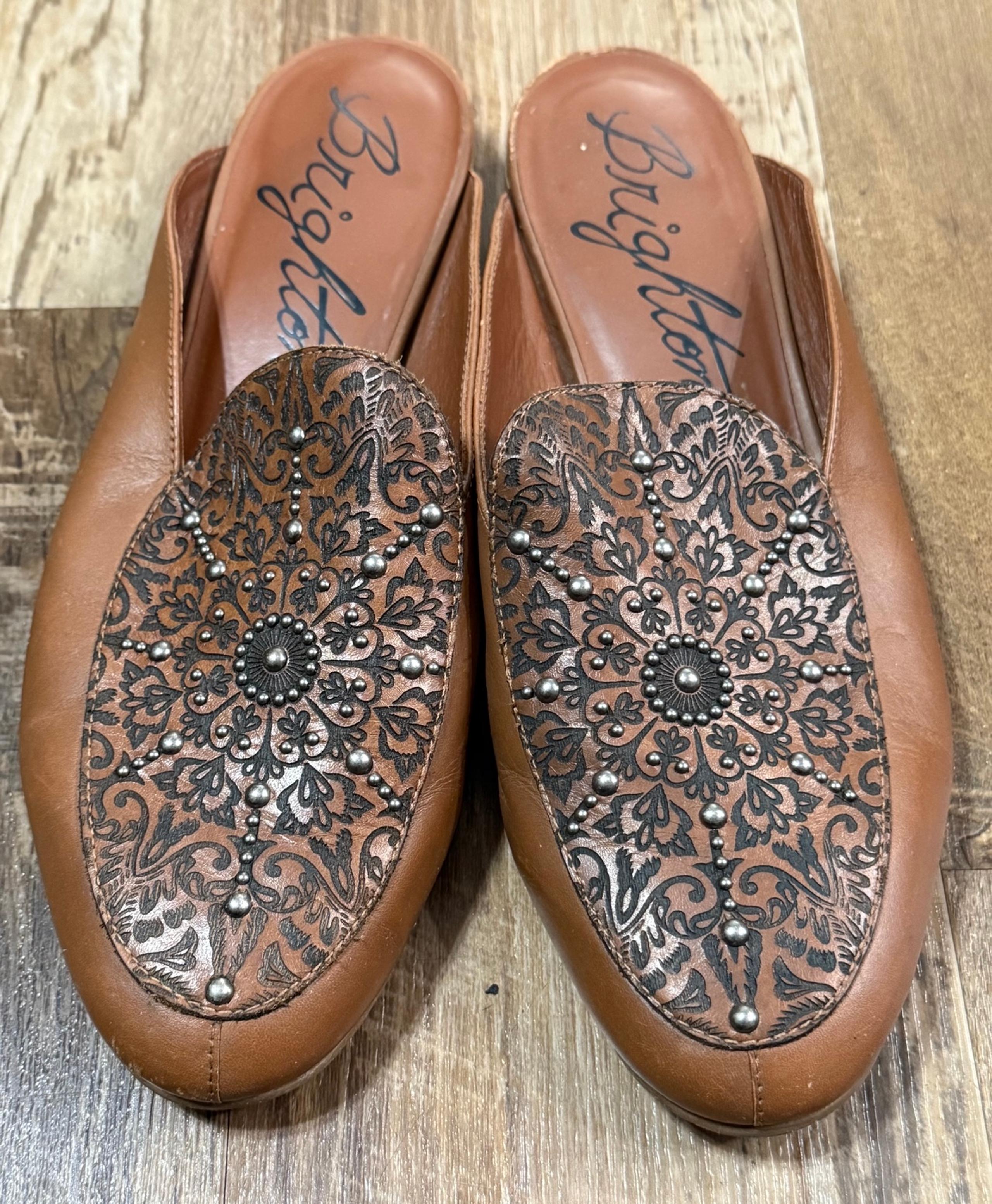 Brighton Women’s Sz 9.5 M Icon Luggage Vacchetta Laser Brown Leather Shoes Mules