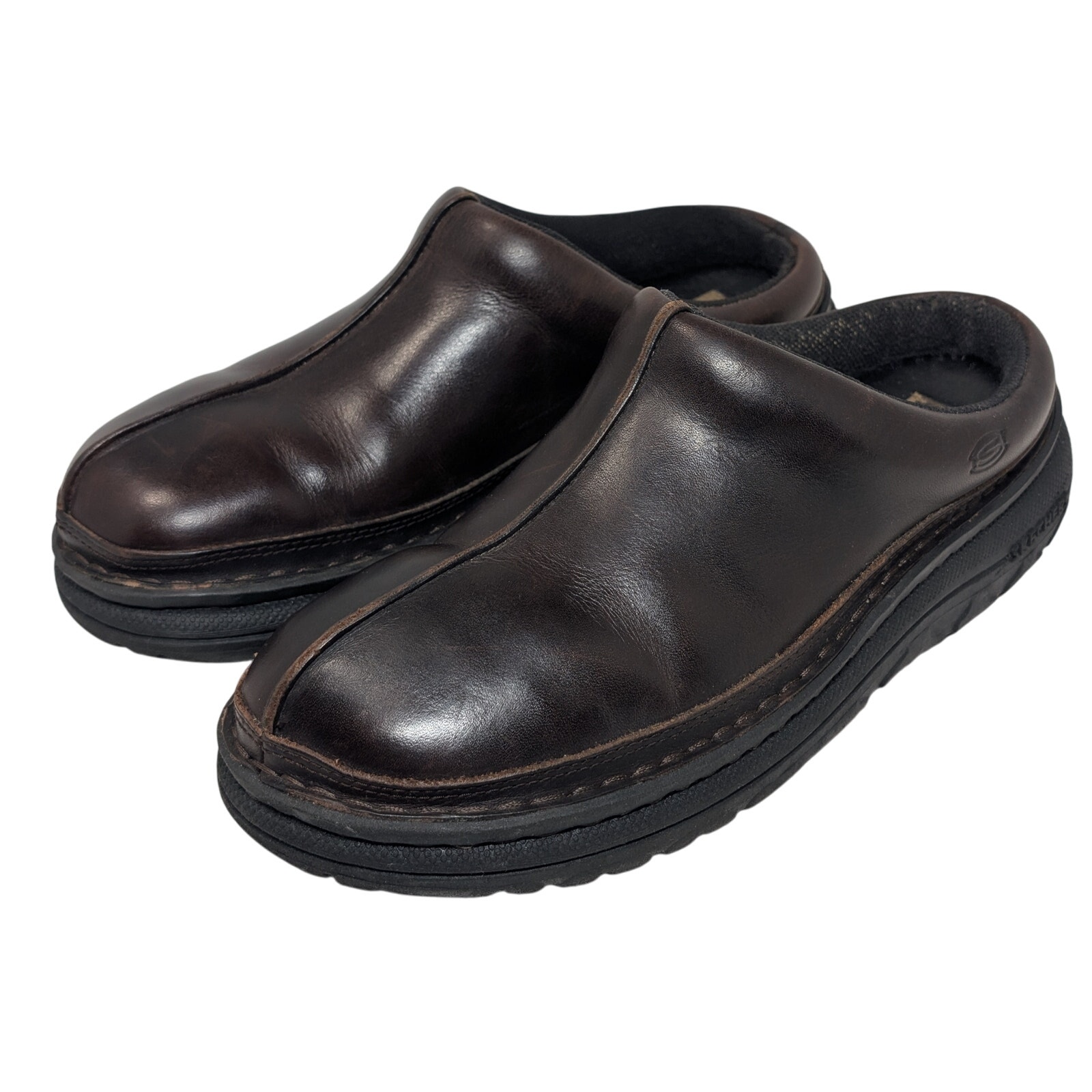 Mens sz 10.5 Skechers Brown Leather Casual Comfort Slip On Clogs Shoes