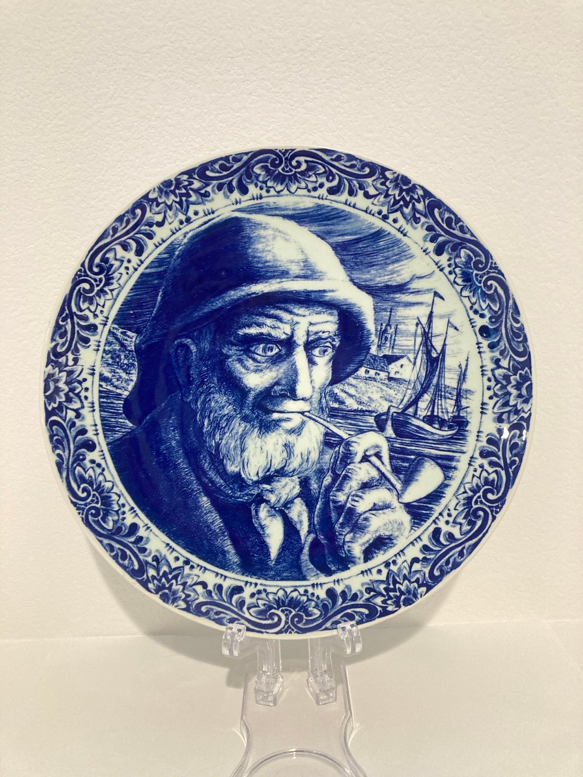 Vintage Boch La Louviere Delfts Belgium Sea Captain Fisherman Blue White