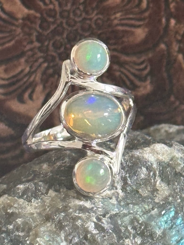 Ethiopian opal three stone sterling silver ring