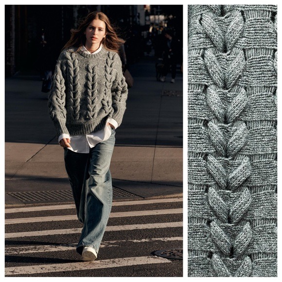 NWT. Zara Grey Marl Cable-Knit Sweater. Size S.