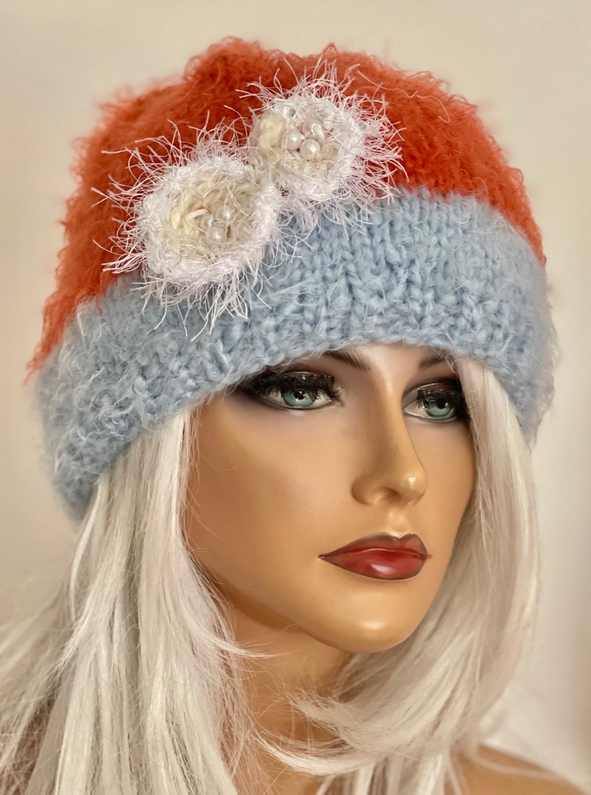 Hand Knits 2 Love Slouch Hat Beanie Cap Flowers Beads Designer Fashion