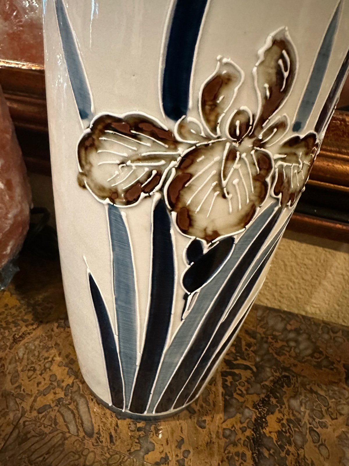 Vintage Japanese Vase with Blue Enameled Iris Flowers