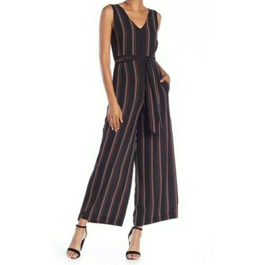 Wide Leg Black Stripe Max Studio SMALL 4 6 Jumpsuit V-Neck Belted Sleeveless NEW