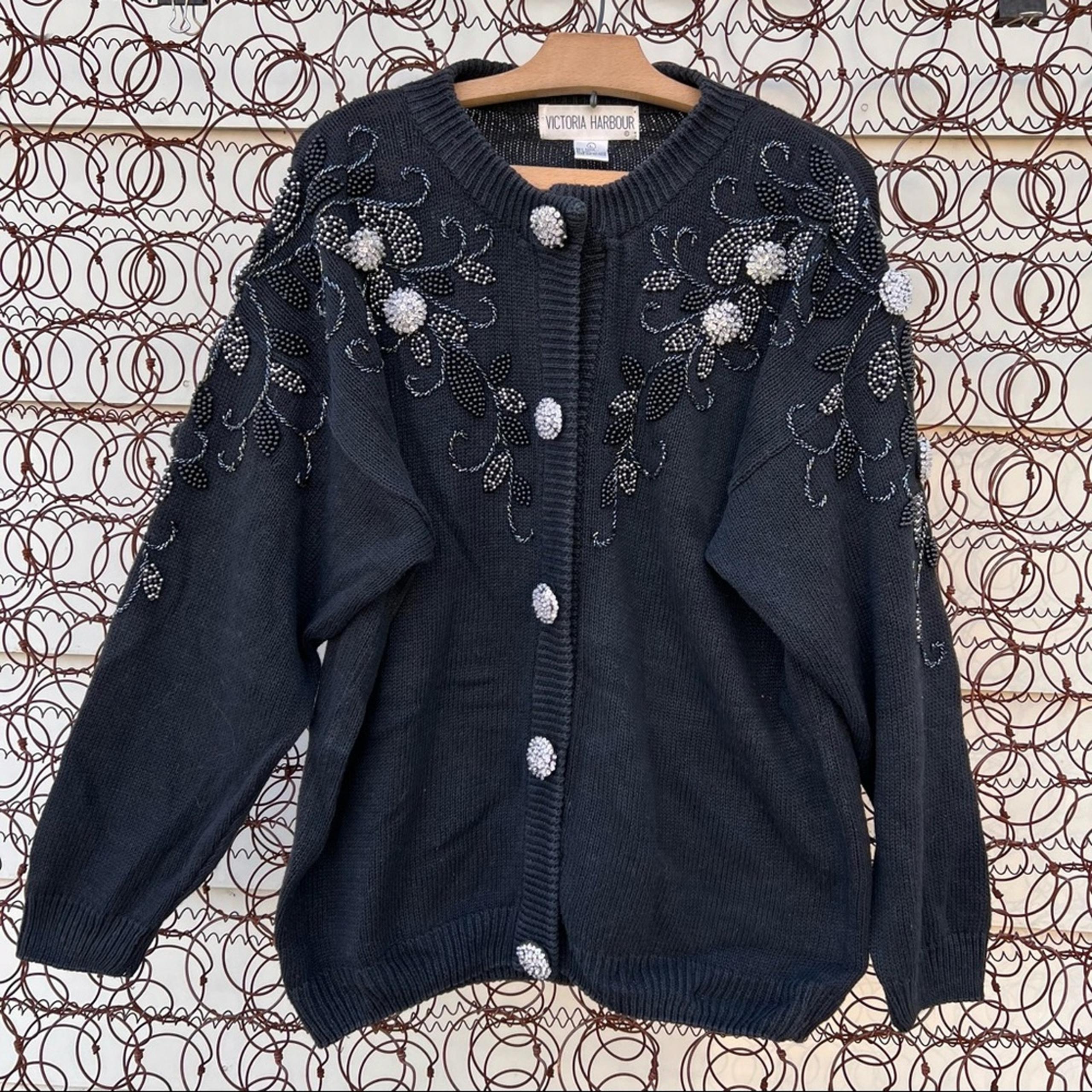 Vintage 90s black button down knit cardigan with rhinestone and bead detail
