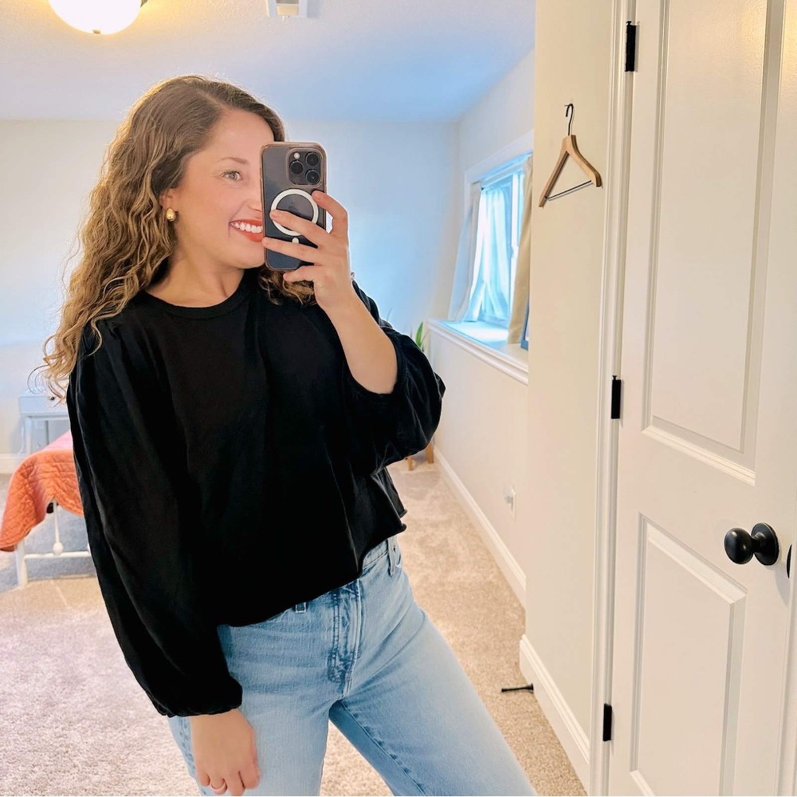 THE GREAT. Black Cotton Puff Sleeve Basic Long Sleeve Tee Top 1 Small