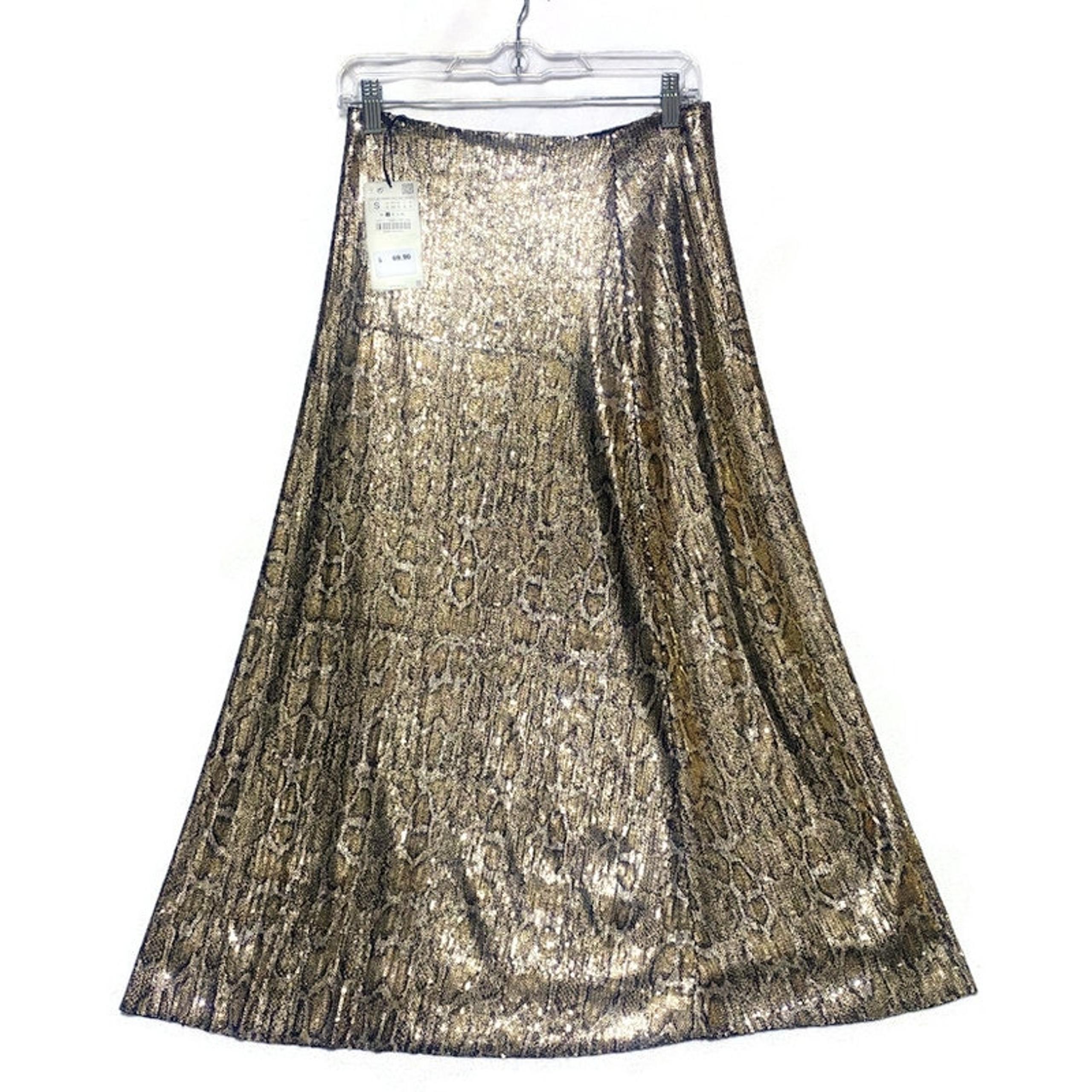Zara Long A-Line Skirt Women's Size Small Gold Glitter New With Tag