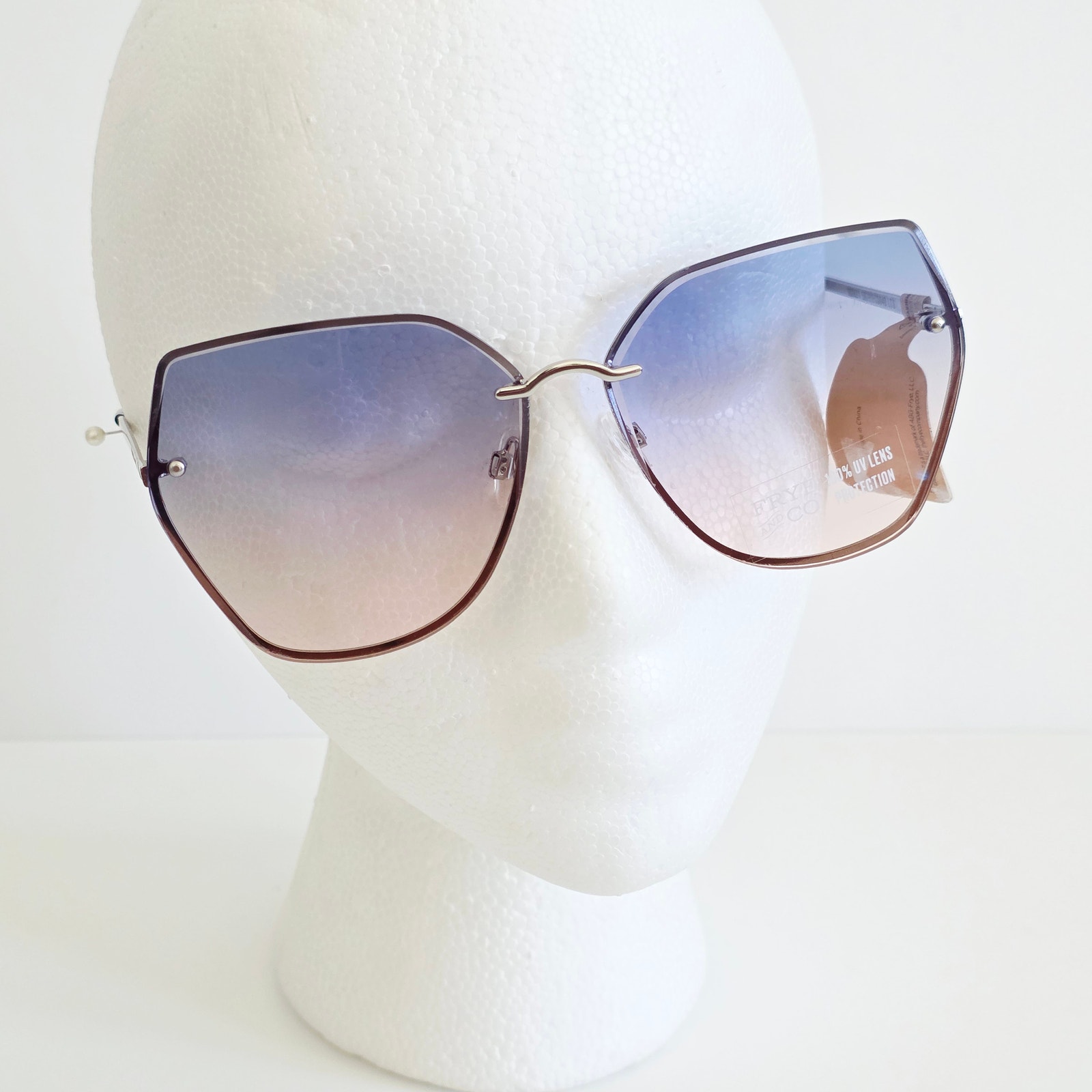 Frye Silver Clear Blue Ombre Tinted Oversized Geometric Frame Sunglasses 100% UV