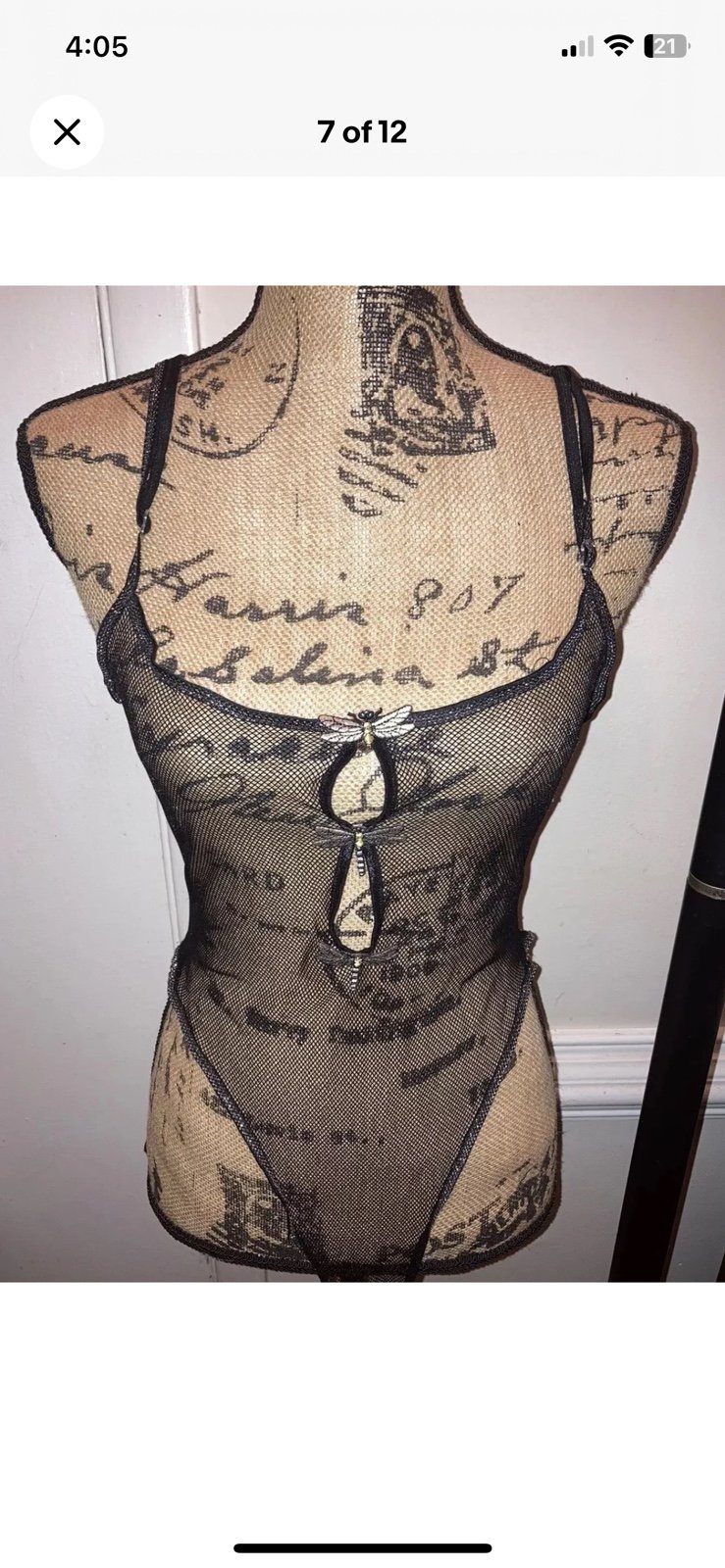 Sexy Dragonfly Lingerie Sheer Mesh Bodysuit Boudoir Medium Large Vintage Thong