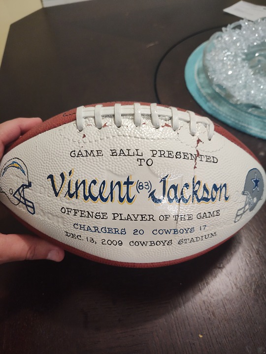 VINCENT JACKSON DEC 13, 2009 OFFICIAL PRESENTED GAME BALL CHARGERS VS COWBOY
