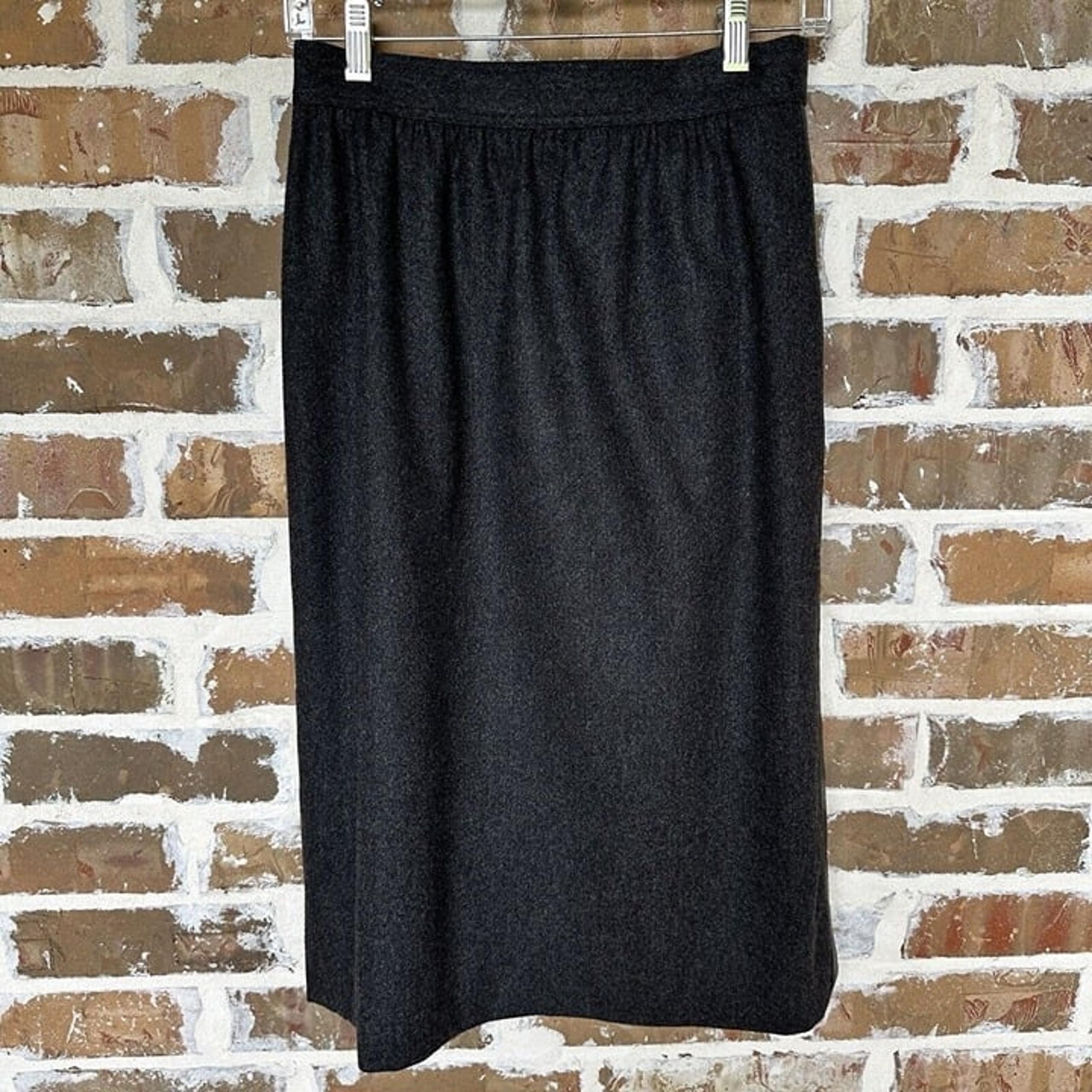 Vintage Escada Midi Skirt A-line Wool Charcoal Gray Leather Trim Size 38 EUC
