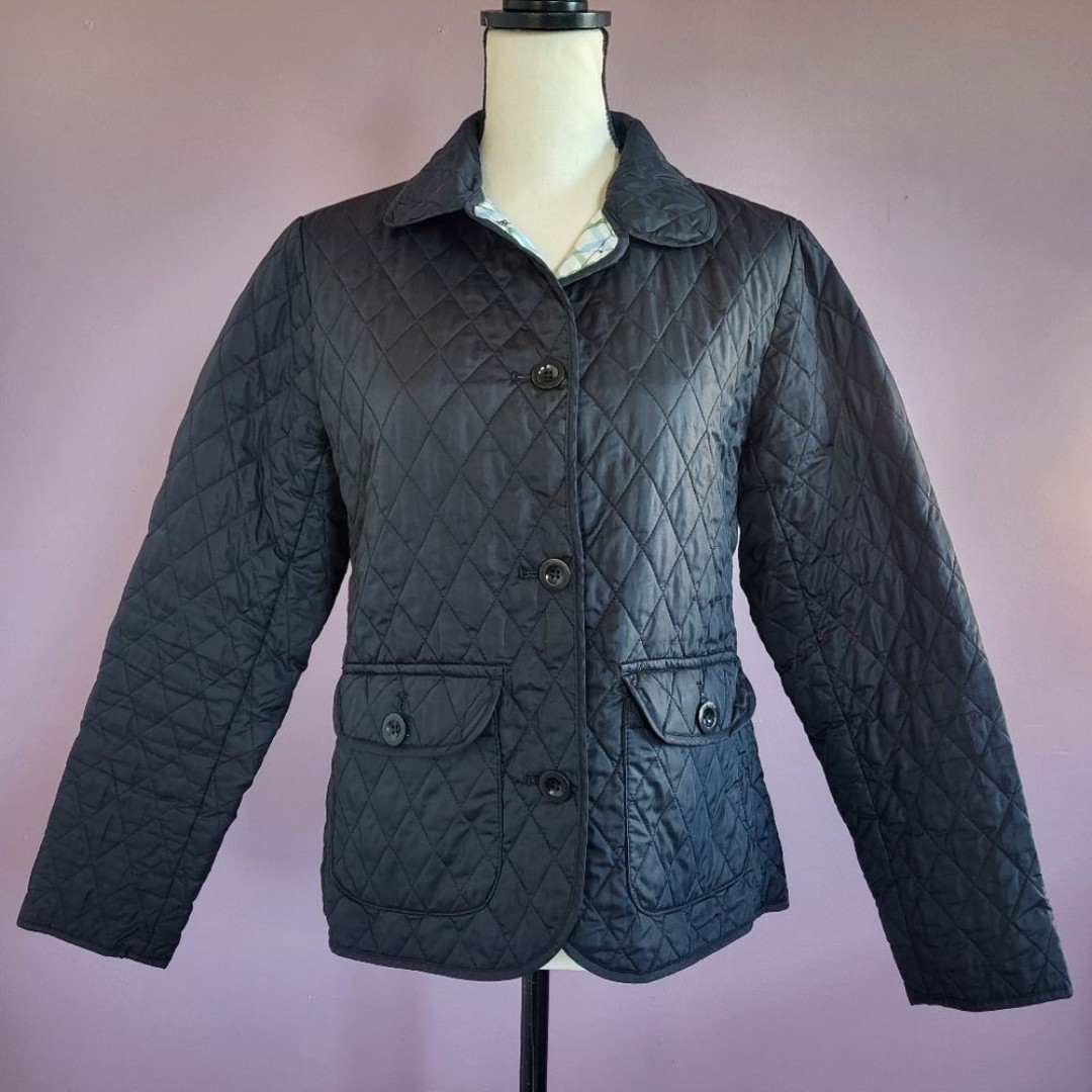 S Lands' End Navy Quilted Thermolite Lightweight Waterproof Button Down Jacket