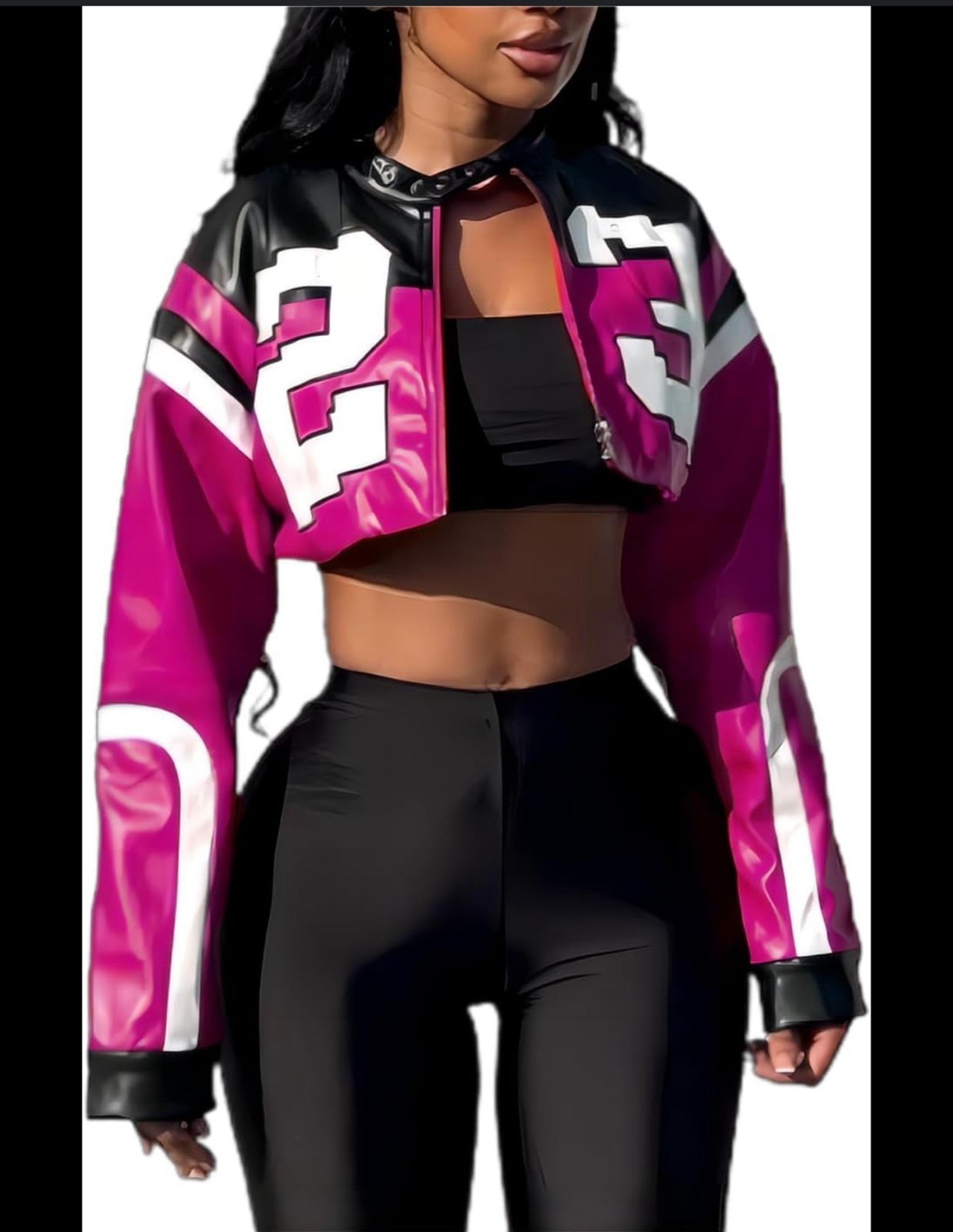Faux leather coat size medium women new pink racing jacket bomber motorcycle