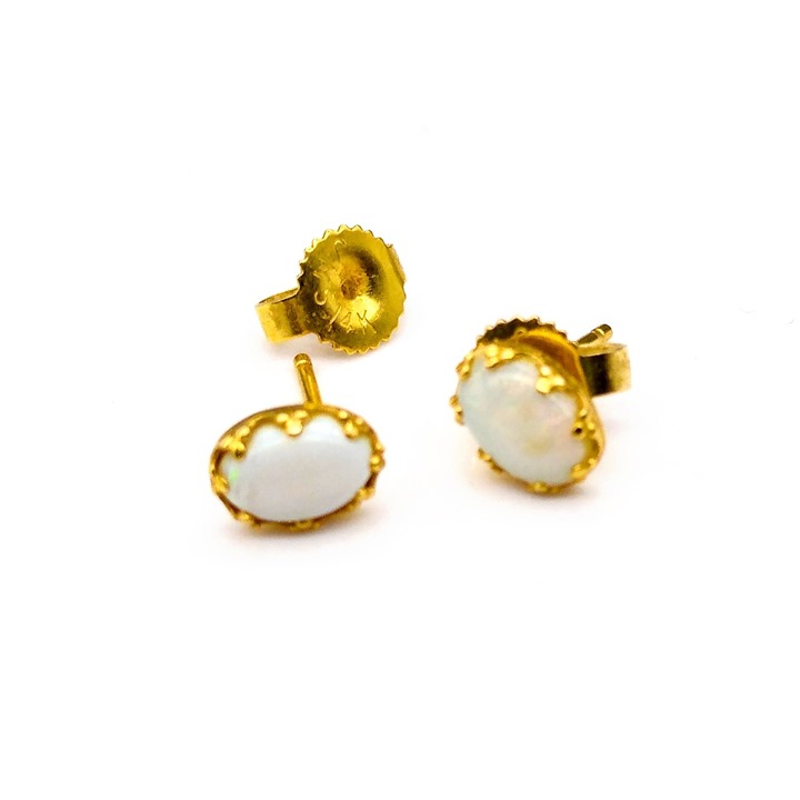 Vintage JMS 14K Gold Opal Stud Earrings, Oval October Birthstone, 3mm Dainty
