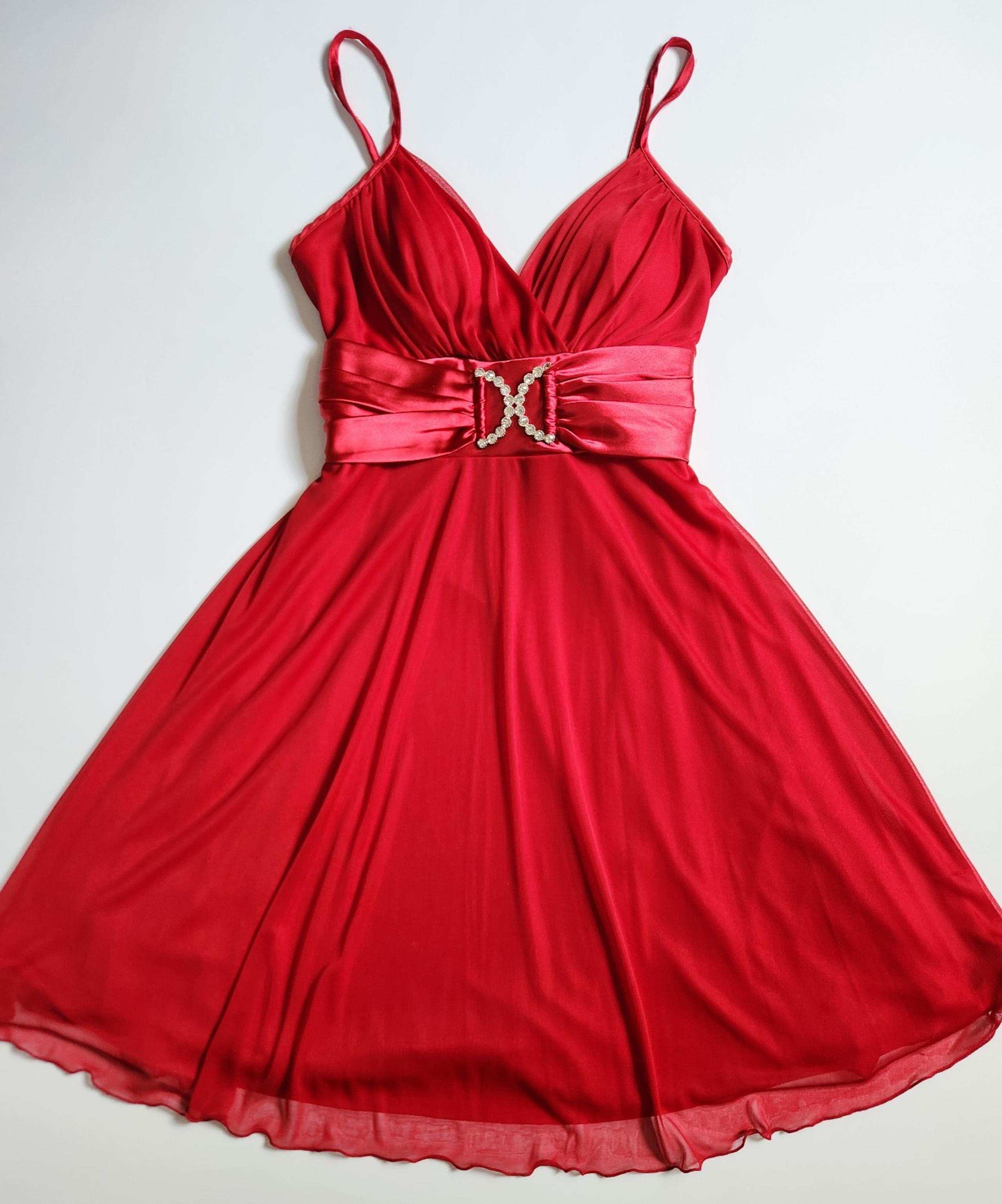 Red spaghetti strap short dress with ribbon and diamond detailing