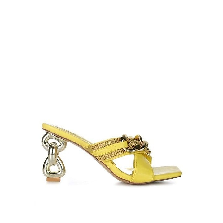 Evelane Metallic Chain Heeled Diamante Sandals- Yellow Size - 8