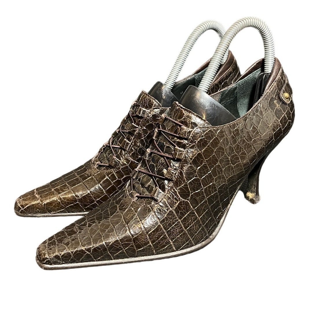 Vintage Donald J Pliner Minya Brown Reptile Stiletto Laced Square Toe Pump 8