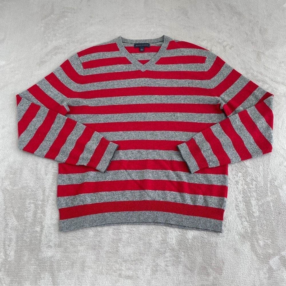 Banana Republic Sweater V-Neck Men Large Red Grey Striped Wool Cashmere Blend