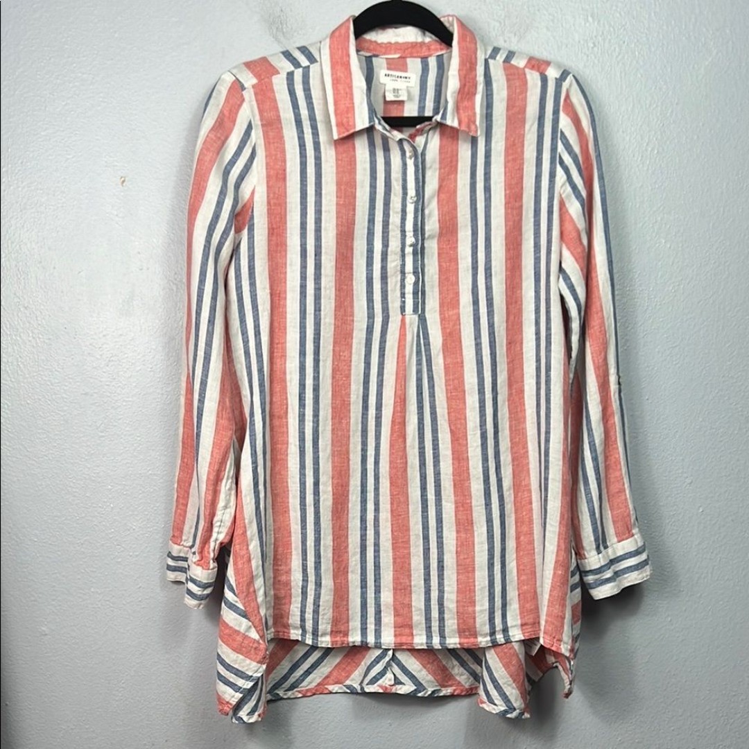 Artisan NY Linen Stripe Long Tab Sleeve Popover Tunic Top Medium