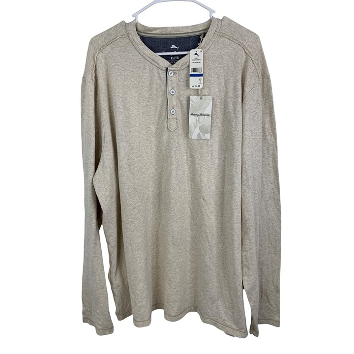 NWT XL Tommy Bahama Mens Beige Long Sleeve Henley Shirt Cotton Blend 8353