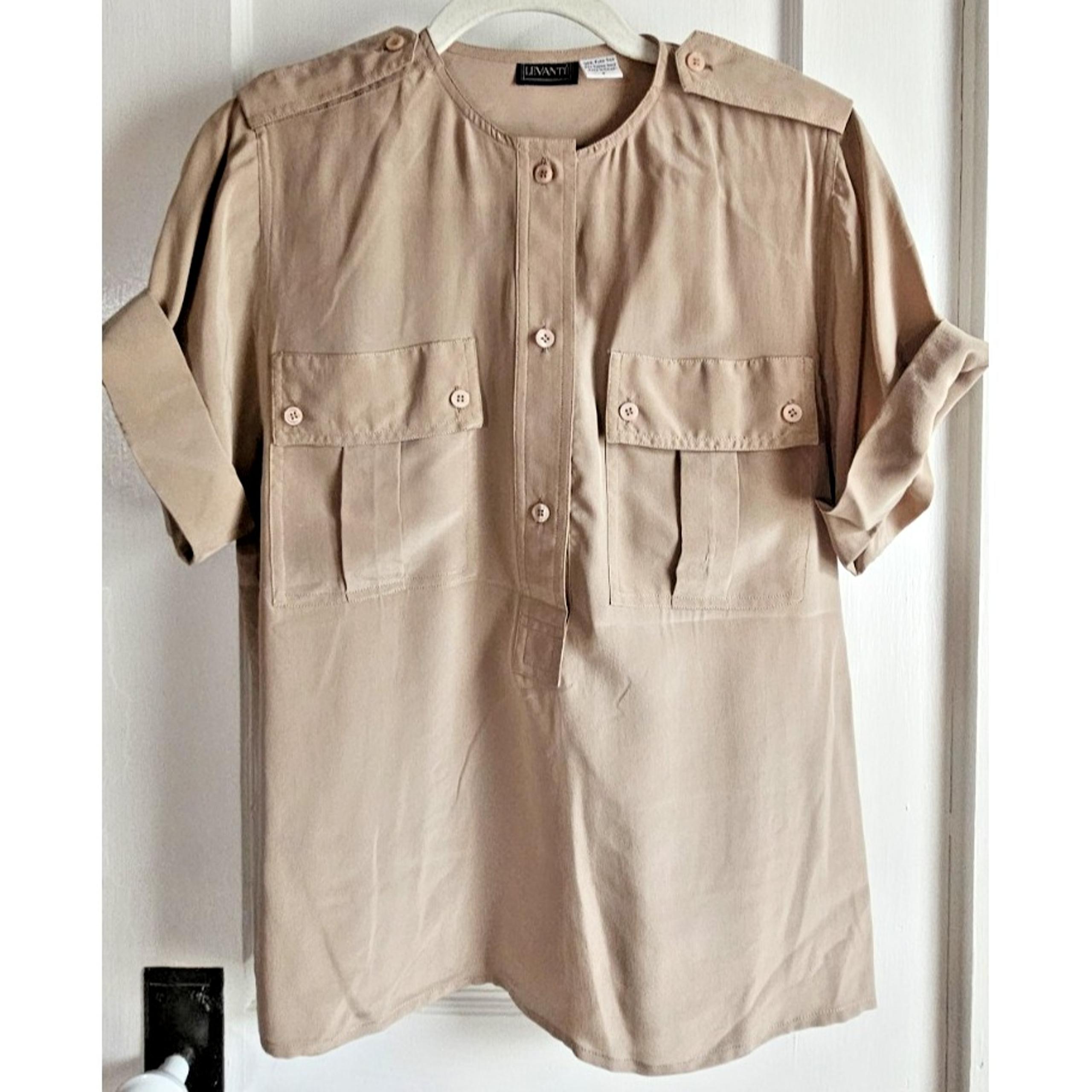Vintage LEVANTE beige military short sleeve 100% true silk button up shirt sz 6