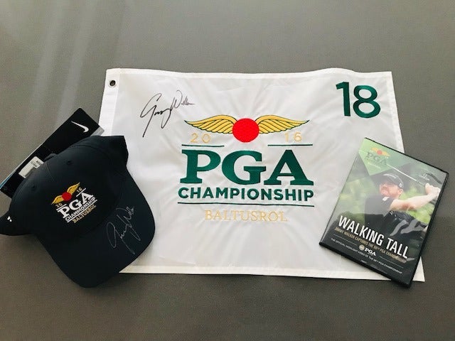 Jimmy Walker PGA Championship signed collectables incl. flag, golf hat, and DVD