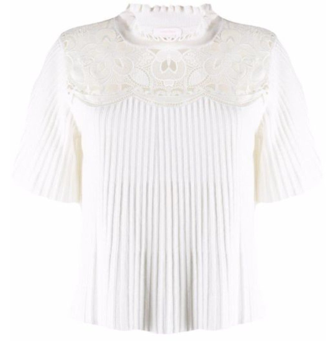 See By Chloe Wool Ruffle Pleated Lace Ribbed Top