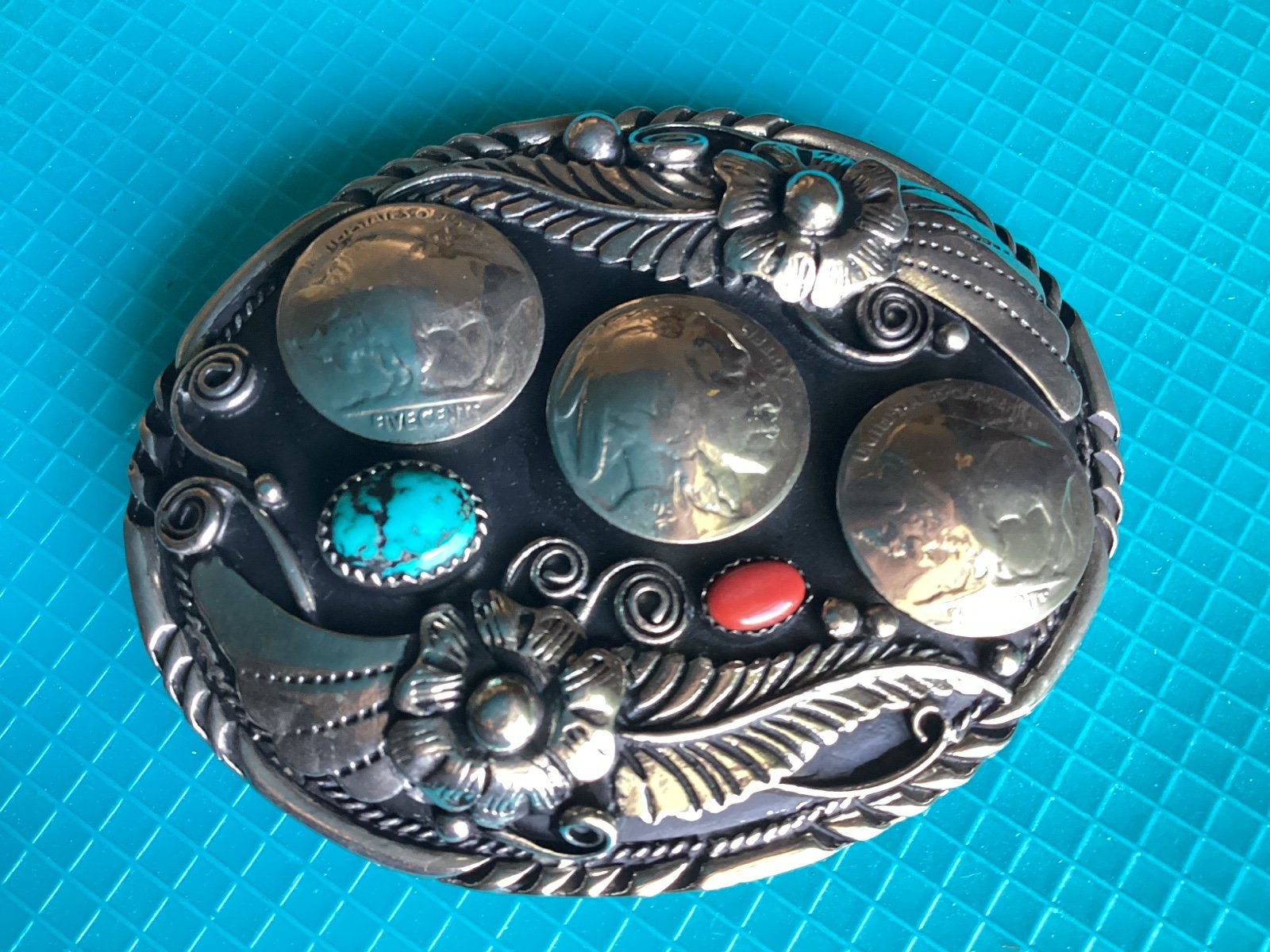 Native American, turquoise and coral, buffalo nickel design, belt buckle.