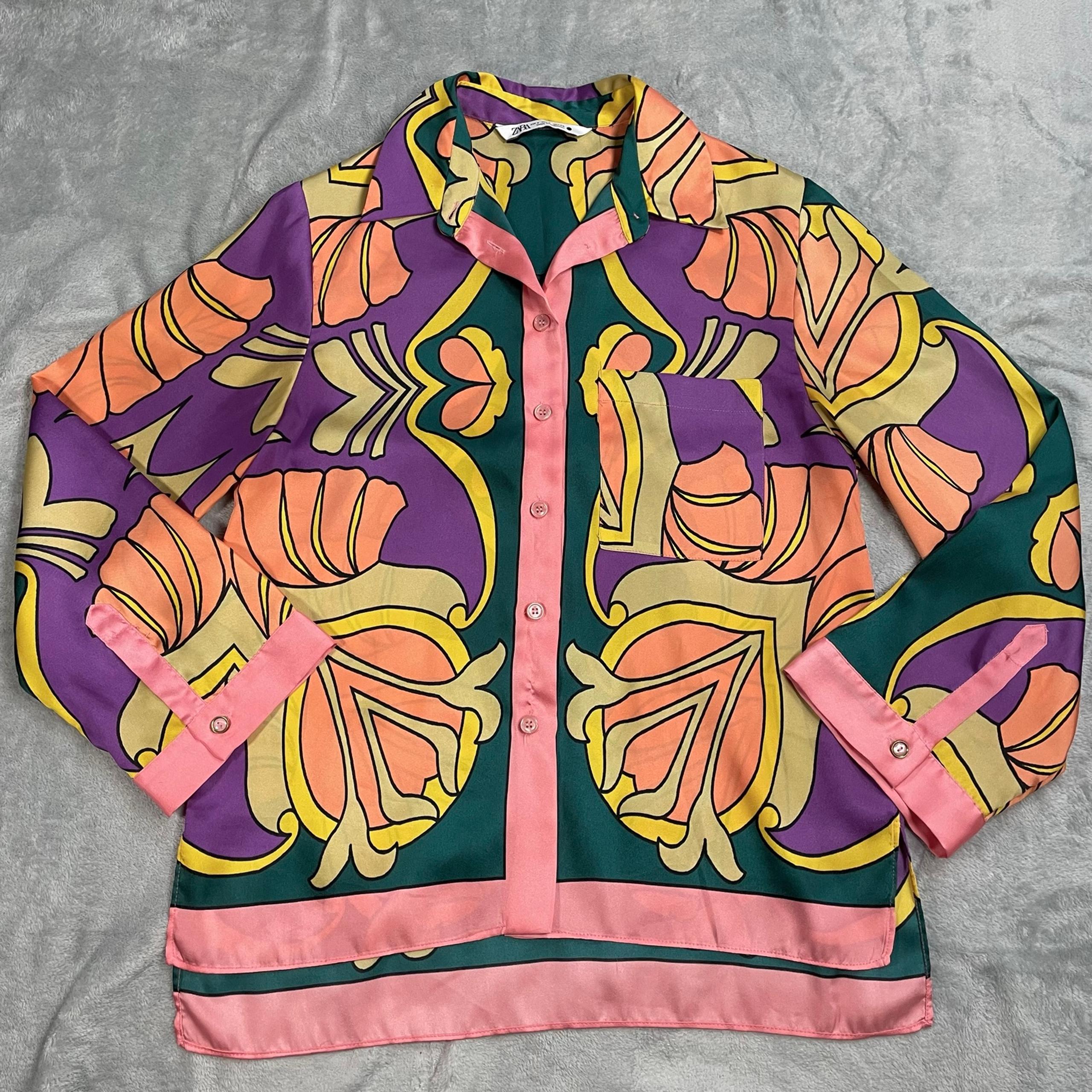 Zara Blouse Small Womens Satin Multicolor Floral Retro