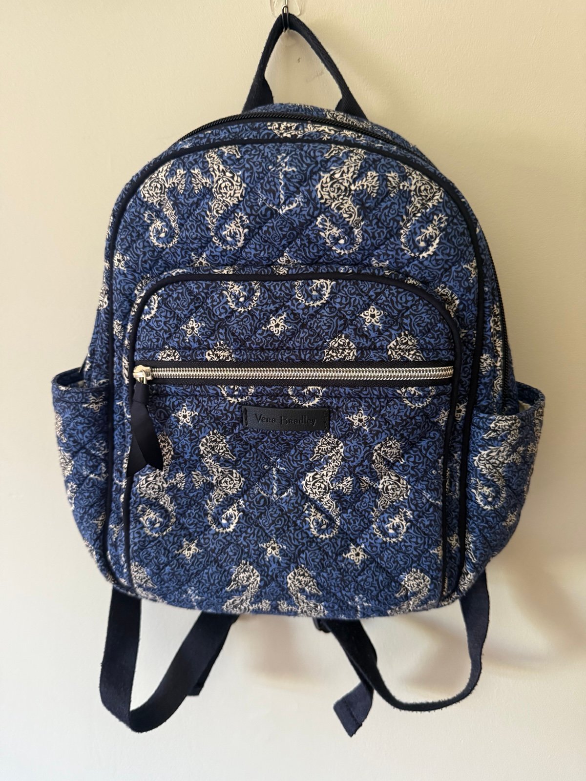 Vintage Vera Bradley Quilted Mini Backpack Blue & White Paisley Seahorse Design