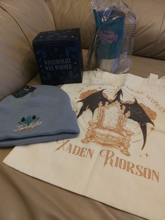 Swag Bundle - Owlcrate hat/wax warmer, Hello Lovely tumbler, Xaden Riorson tote