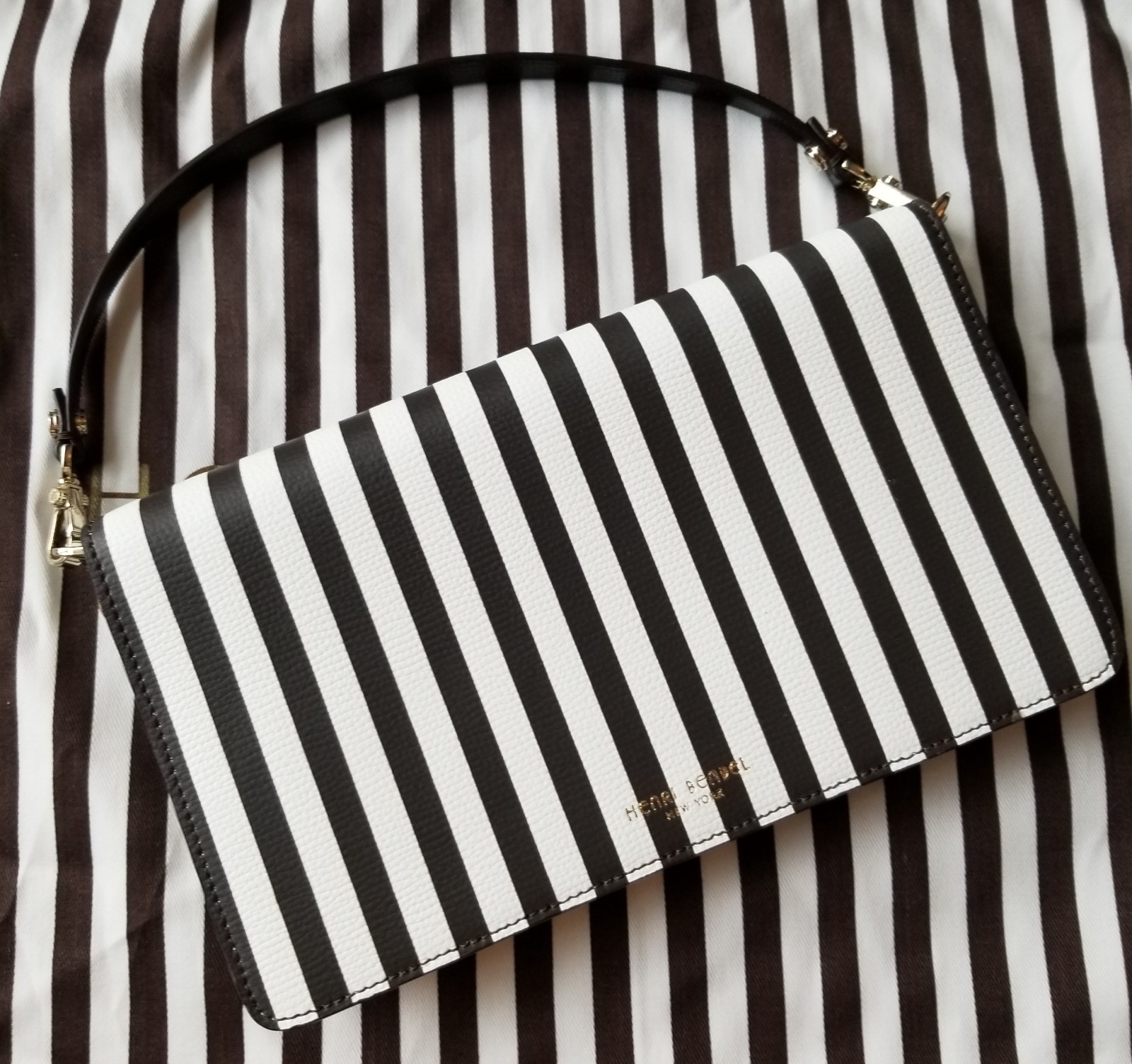 Henri Bendel Iconic Centennial Striped Leather Clutch with Straps and Mirror