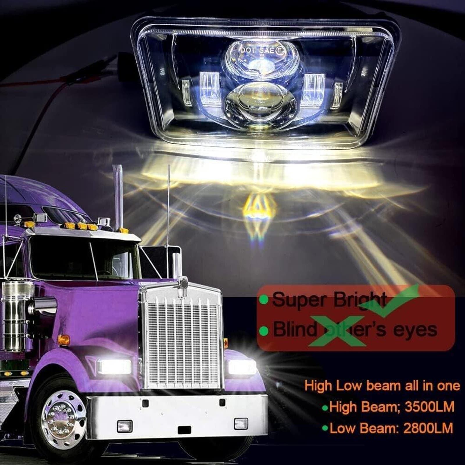 4x NEW DOT 4x6 LED HEADLIGHTS H4653/4651 HI/LO BEAM | PETERBUILT ETC.