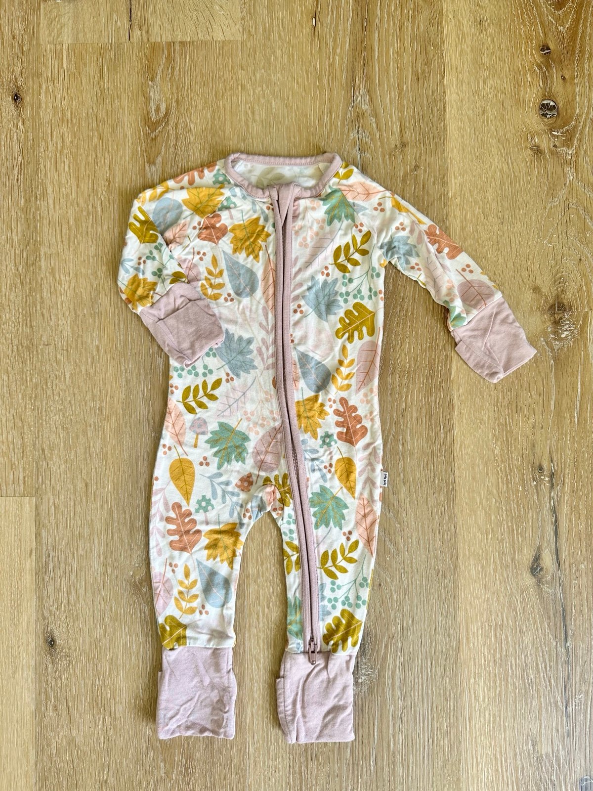 Little Sleepies newborn dusty mauve leaves bamboo zippy