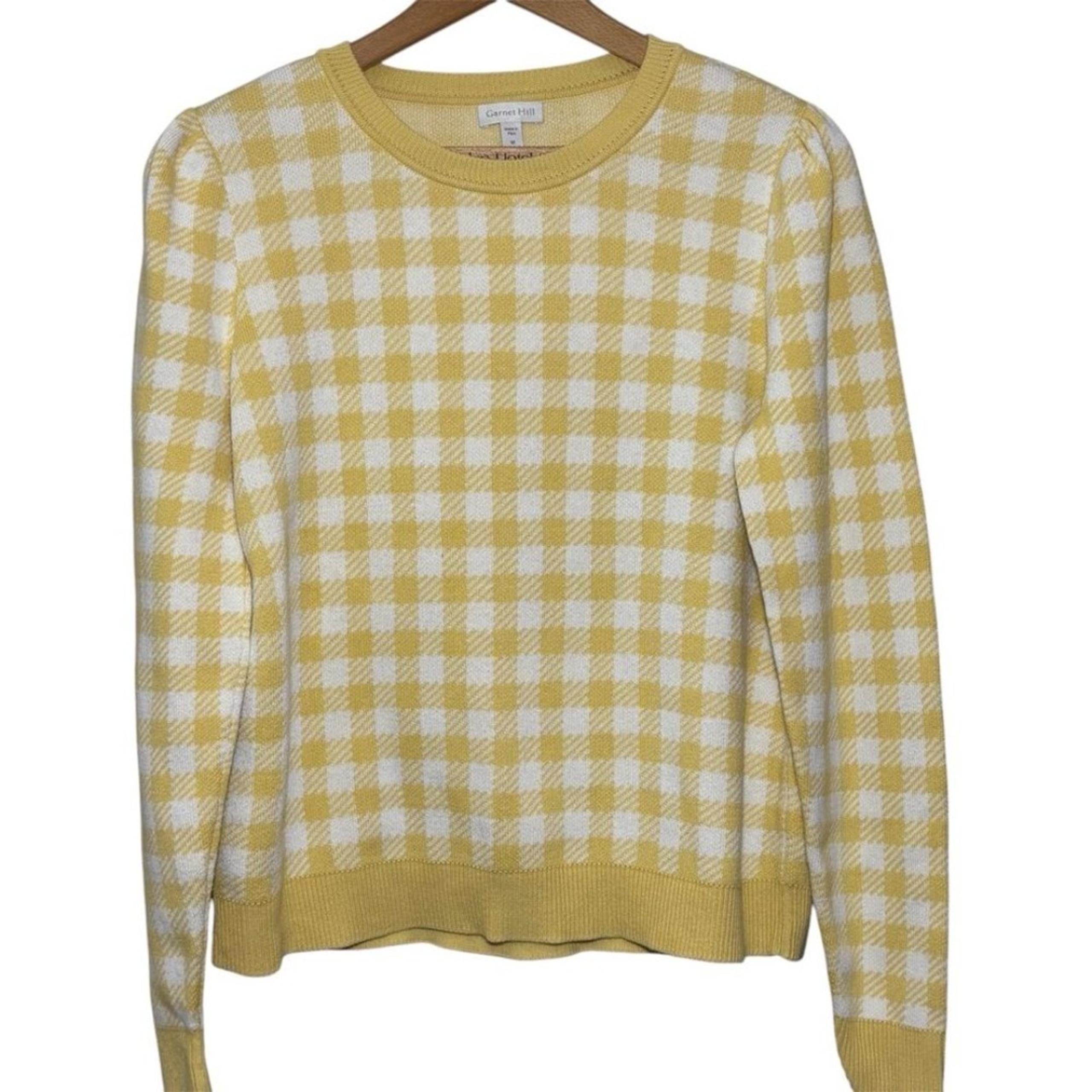 Garnet Hill yellow Gingham Pima Cotton Pullover Puff sleeved sweater. Women’s M