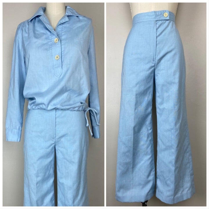 Vintage 1970s JH Collectibles Shirt and Pants Set, Size XS, Pastel Blue Nautical