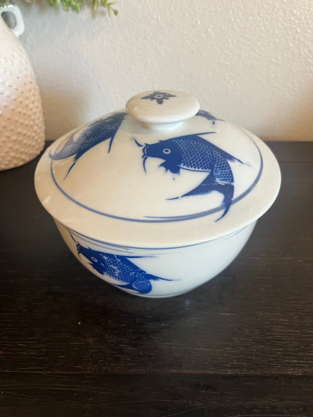 Vintage Koi Caro Fish Serving Bowl w/Lid BLUE & WHITE Hand Painted