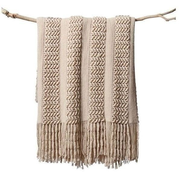 Boho Farmhouse Cozy Textured Knitted Tan Throw