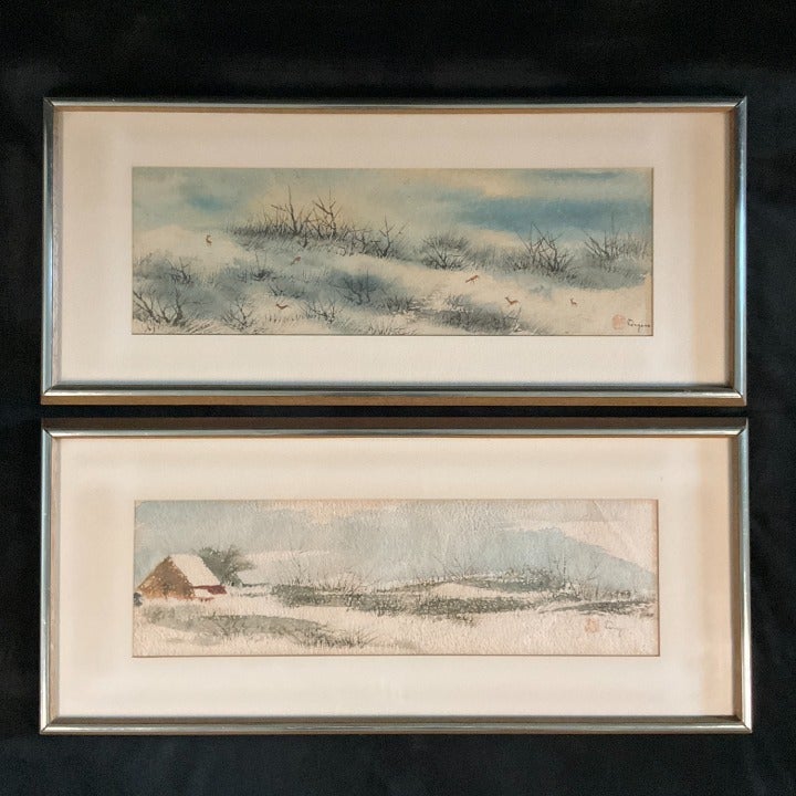 The Pair of Vintage Original Watercolors Winter Snow Scene By Victor Ing