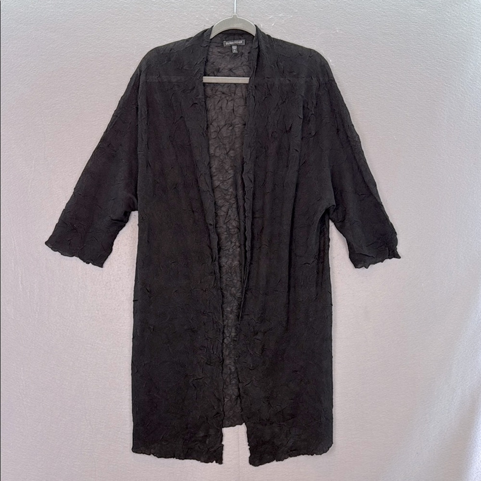 Eileen Fisher women’s Black crinkle Open Front Cardigan semi sheer 3/4 sleeve XL