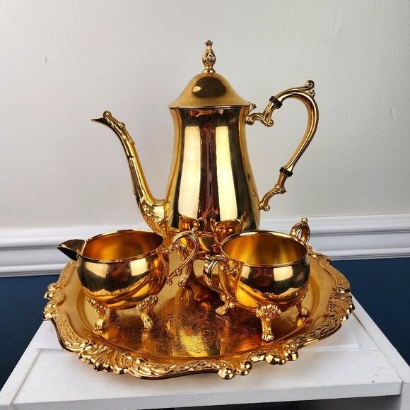 Sheridan Silversmiths Tea/Coffee Pot, Sugar Bowl Creamer Tray Set Footed